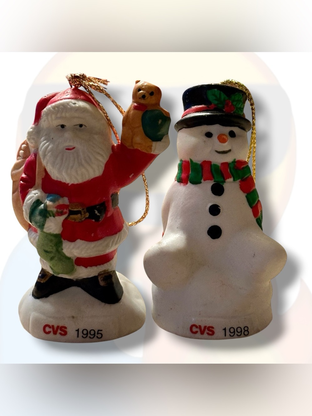Vintage CVS Pharmacy 1995 & 1998 Santa Claus & Snowman Ornament Set